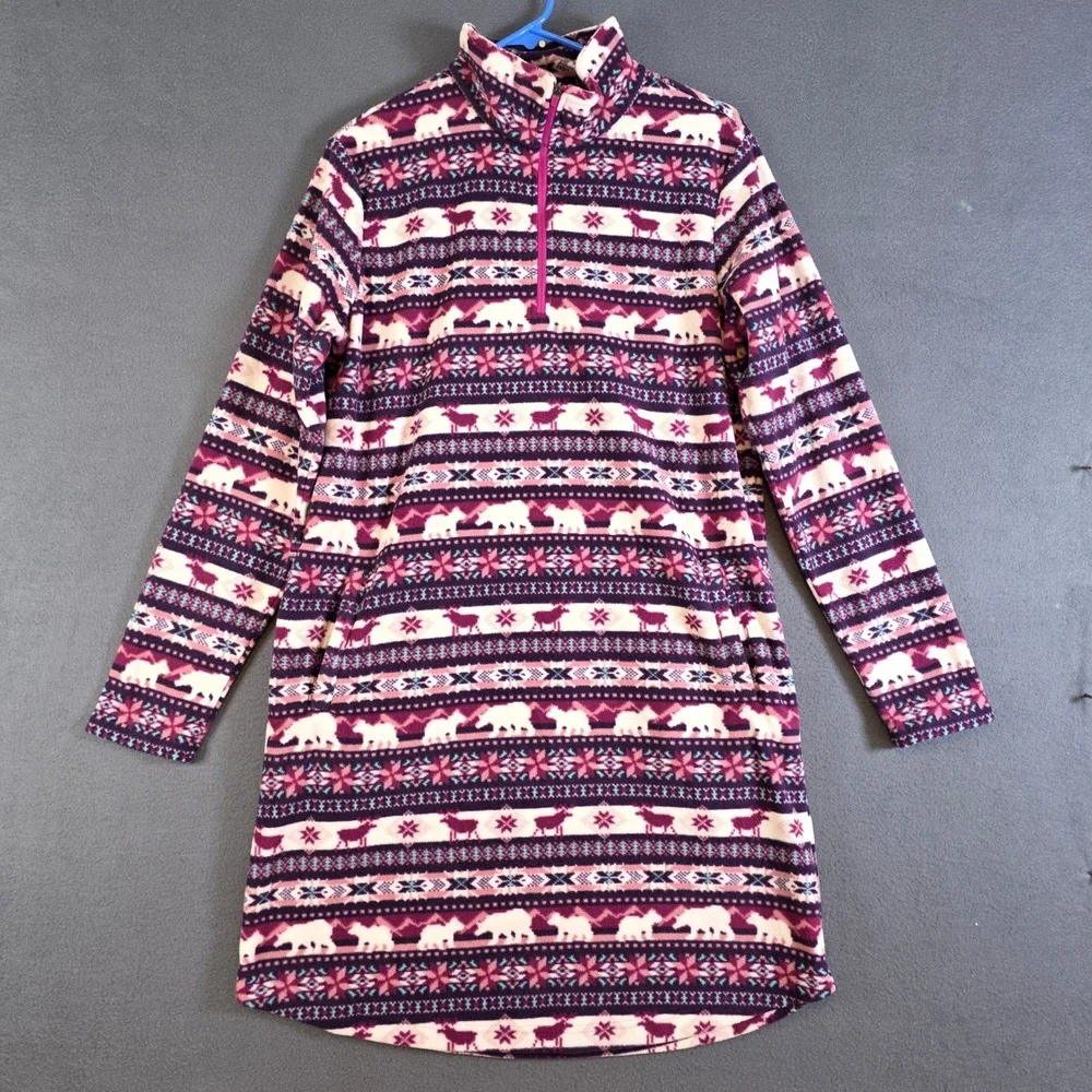 Lands End Girls M 10-12 Fleece Quarter Zip Dress Purple Fair Isle Polar Bear